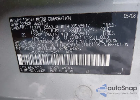 2008 Toyota Rav4 z USA, uszkodzony, nr VIN JTMBD35VX85196787